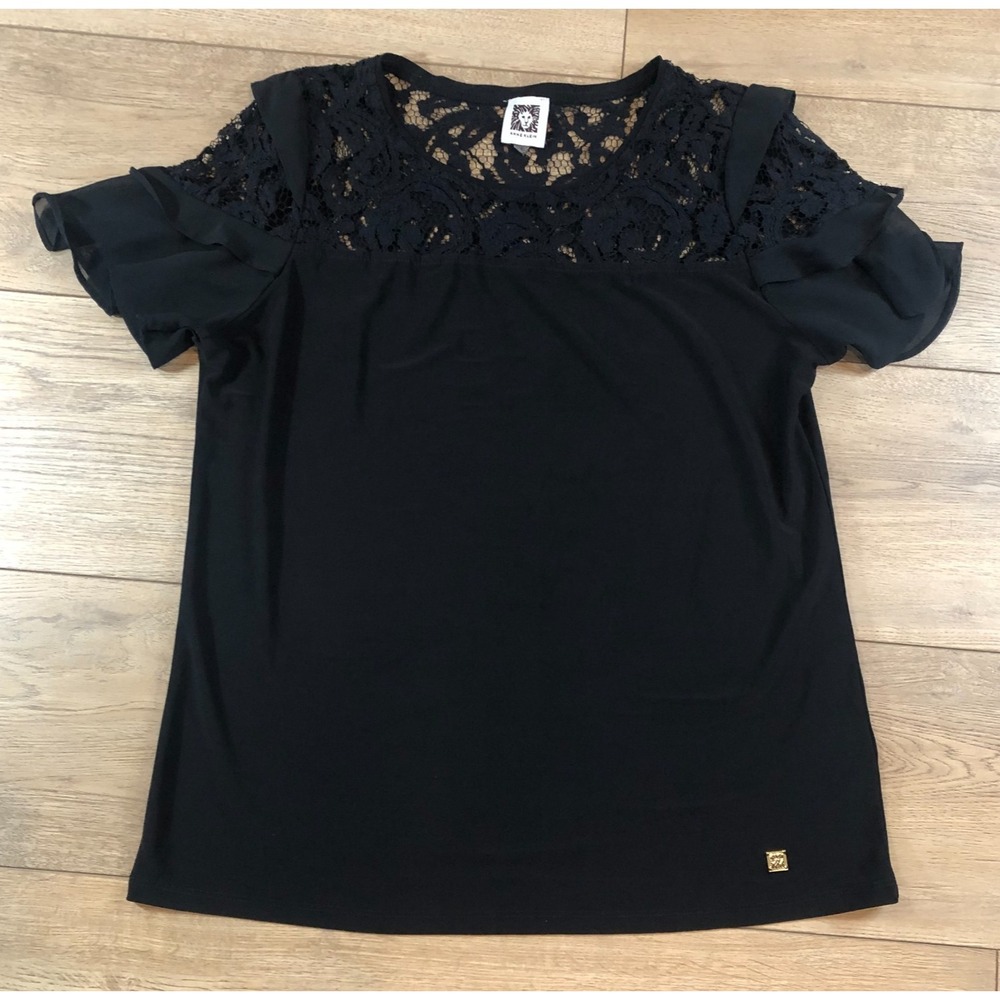 Anne Klein Women's Black Lace Stretch Blouse Top Short Sleeves‎ Size S Witchy